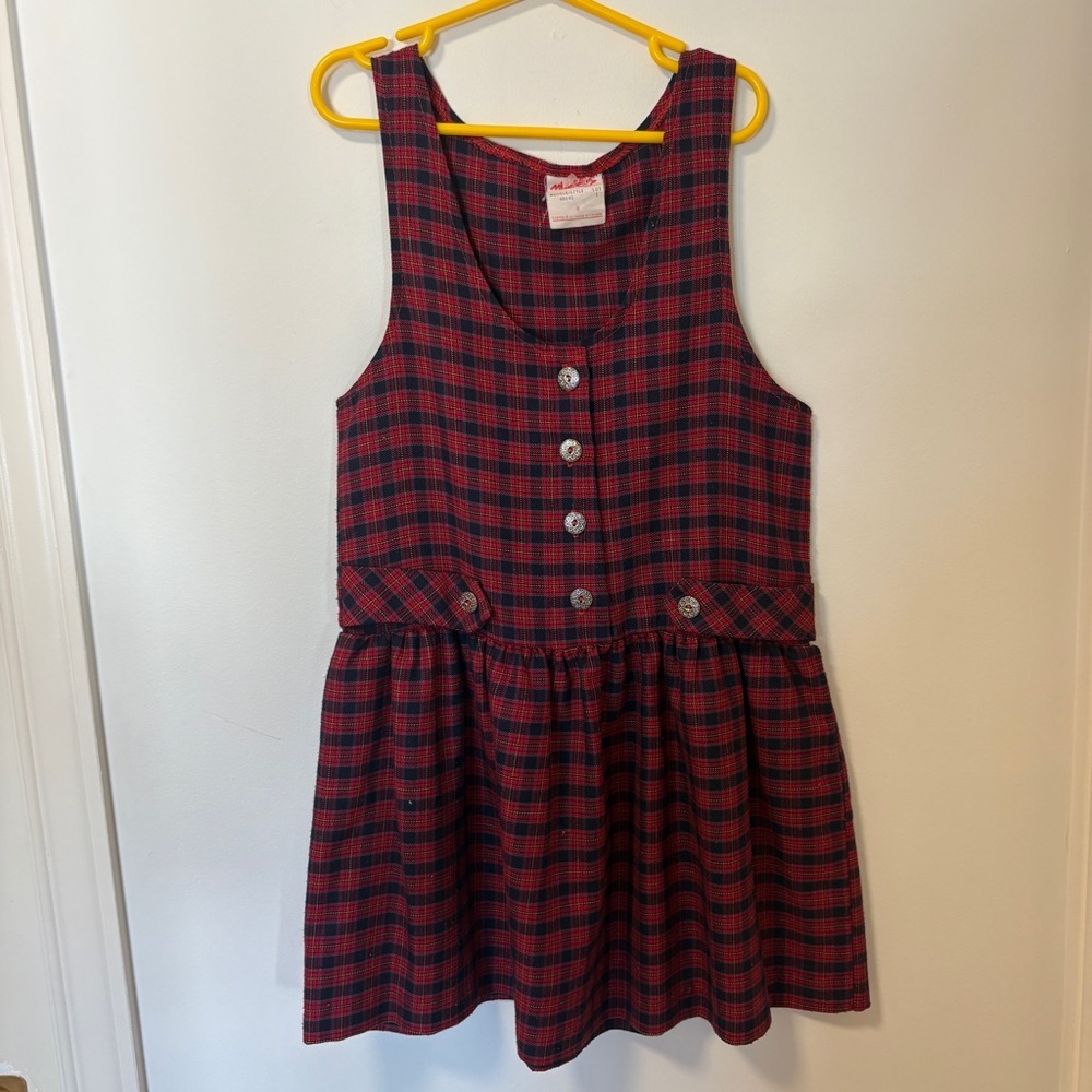Vintage girls size 8 tartan plaid jumper overall dress buttons